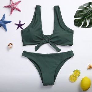 Army green knotted front tie bikini set
